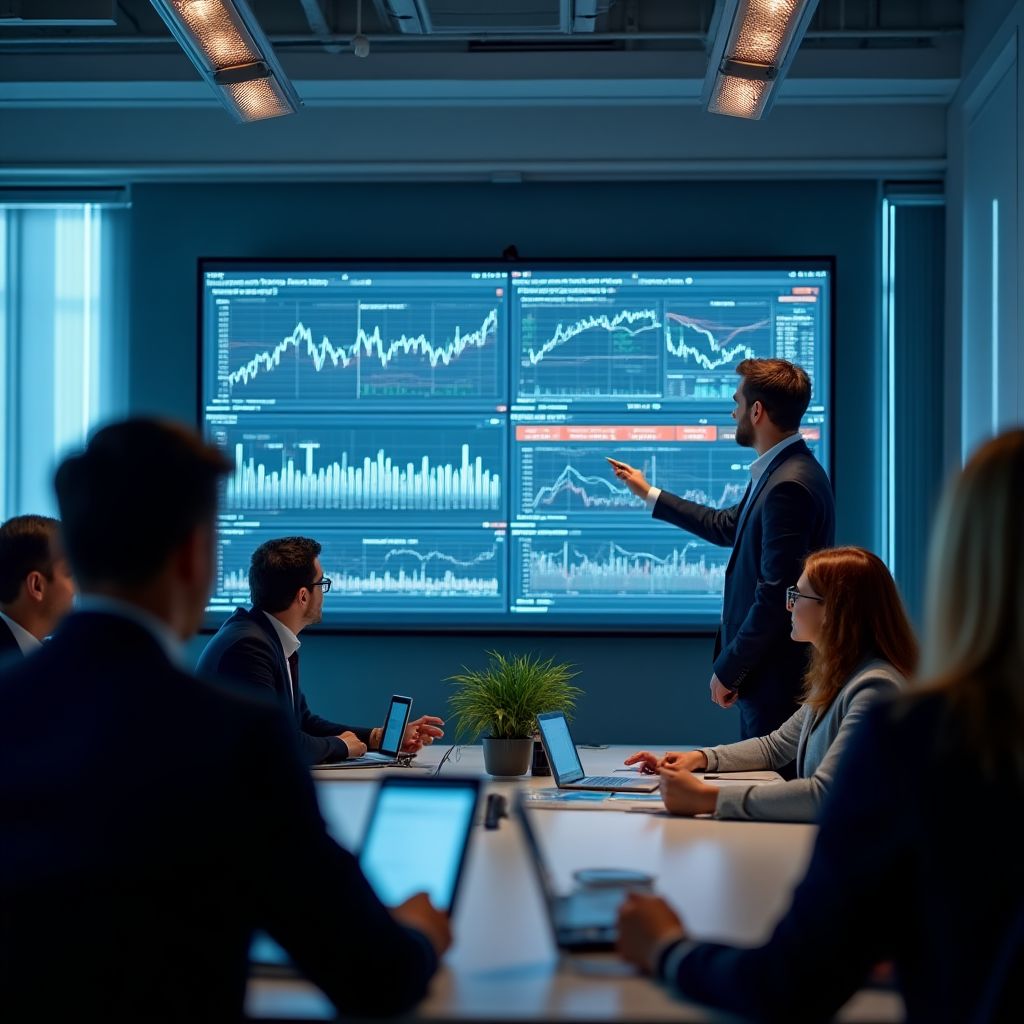 Consultores de FinanArg analizando gráficos en una pantalla grande