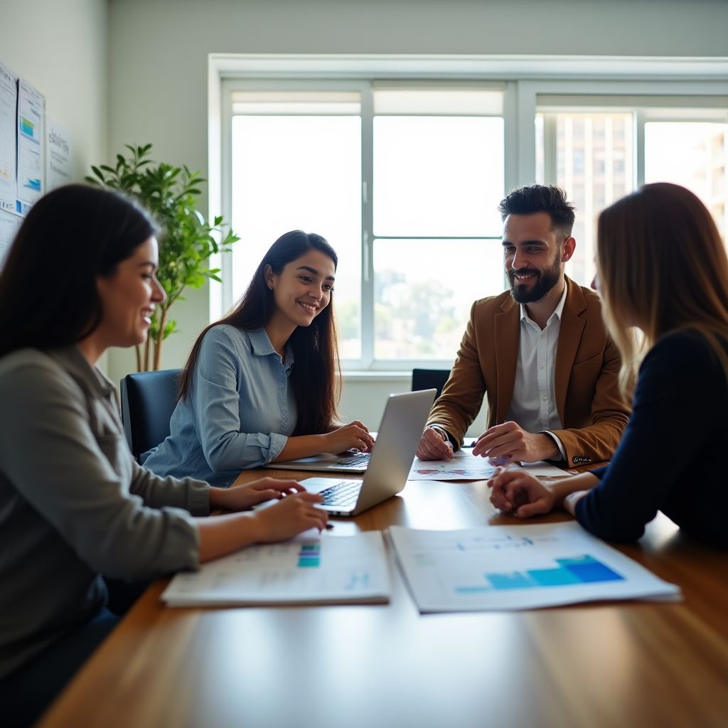 Equipo de FinanArg en una reunión estratégica en su oficina moderna en Buenos Aires